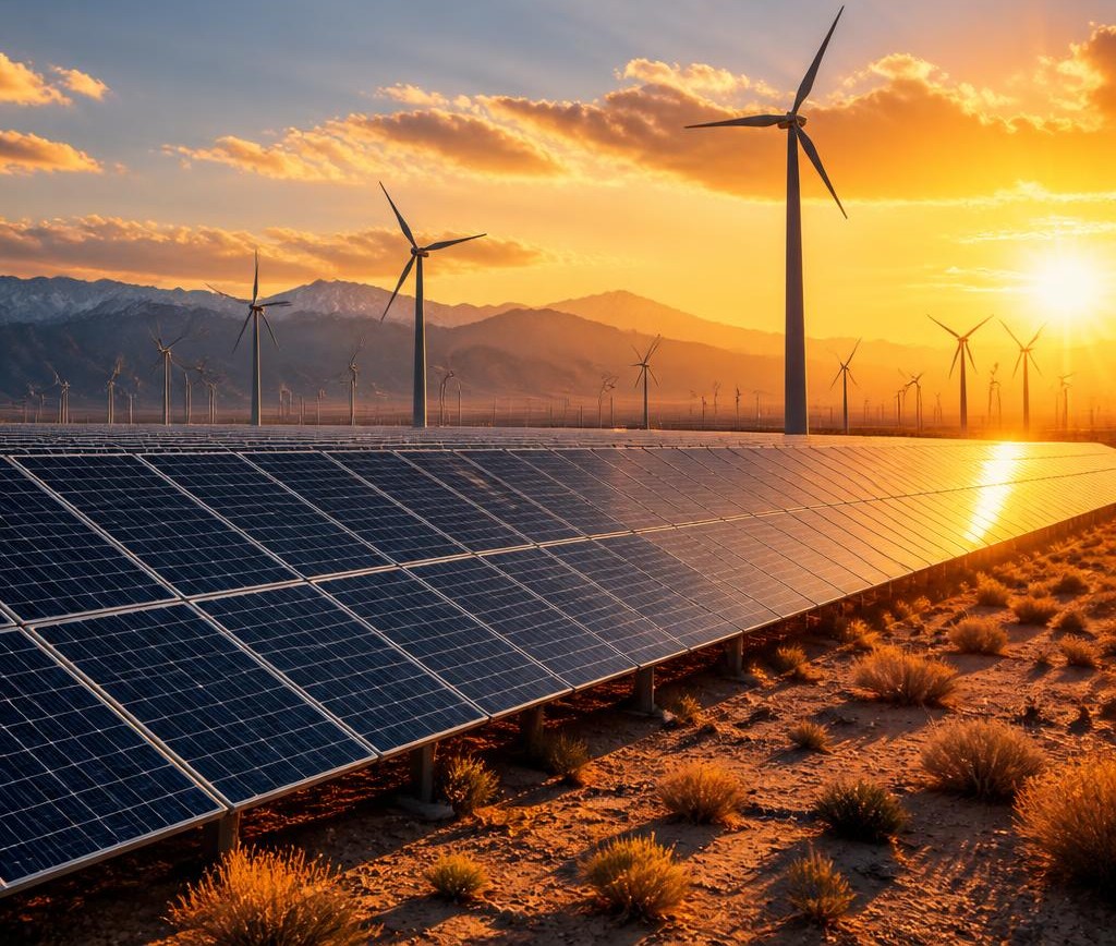 Solar panels and wind turbines at sunset