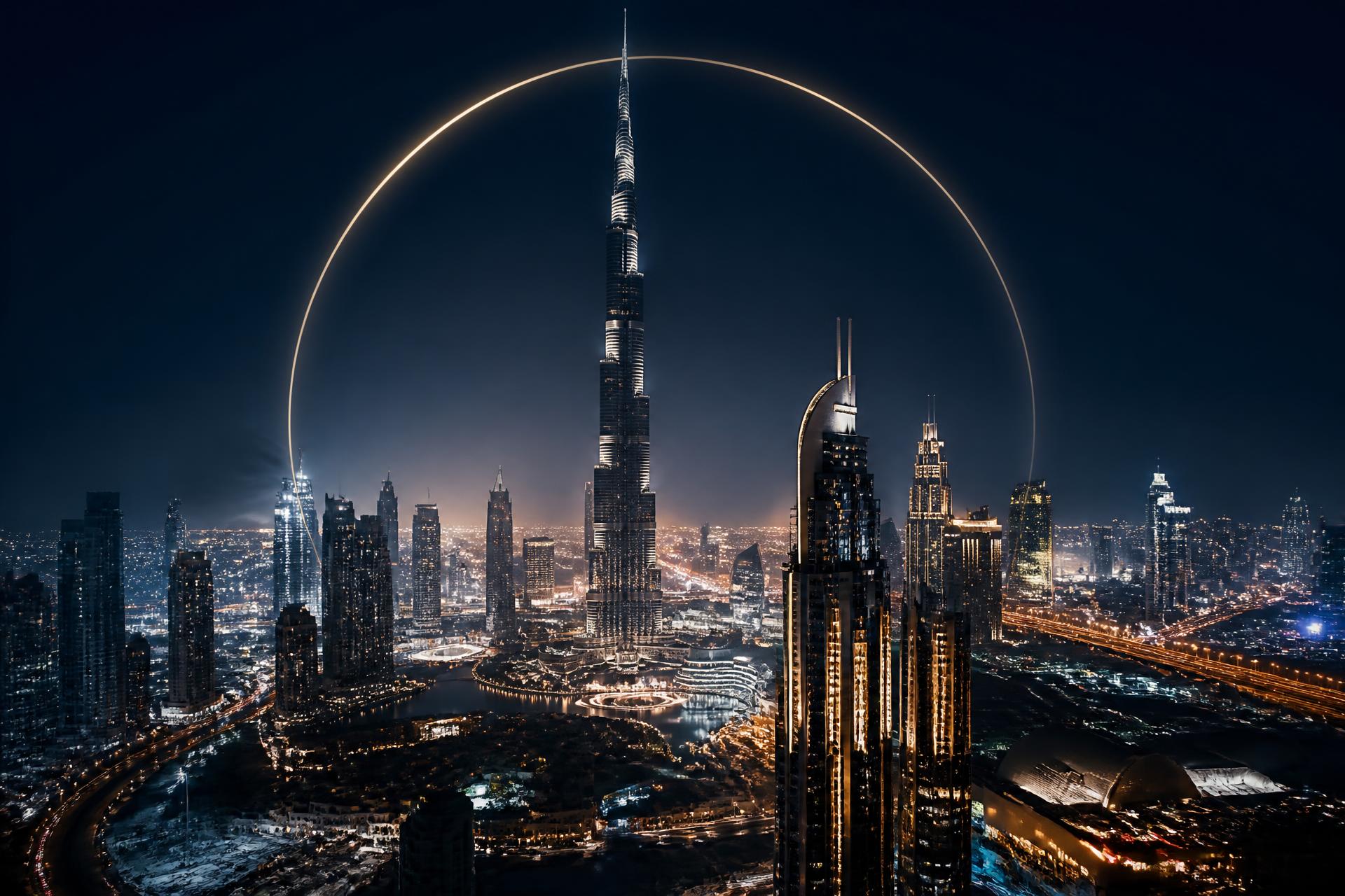 Dubai skyline at night with the Burj Khalifa