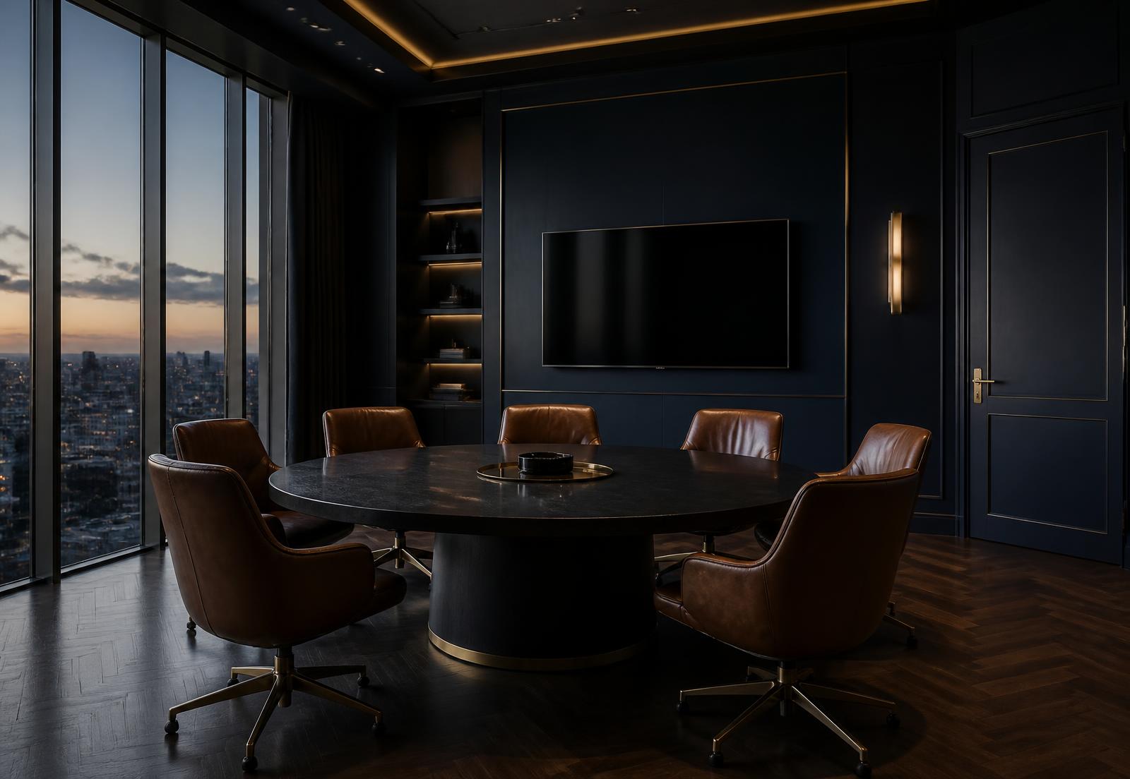 A private boardroom set for a closed-door roundtable of six